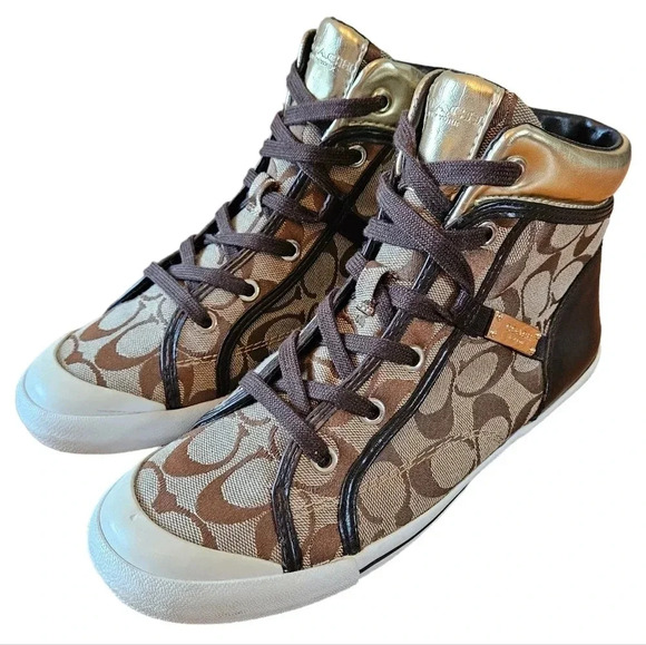 Coach New York Women's  Brown Freesia Lace Up High Top Sneaker Shoes Size 8. - Picture 1 of 16